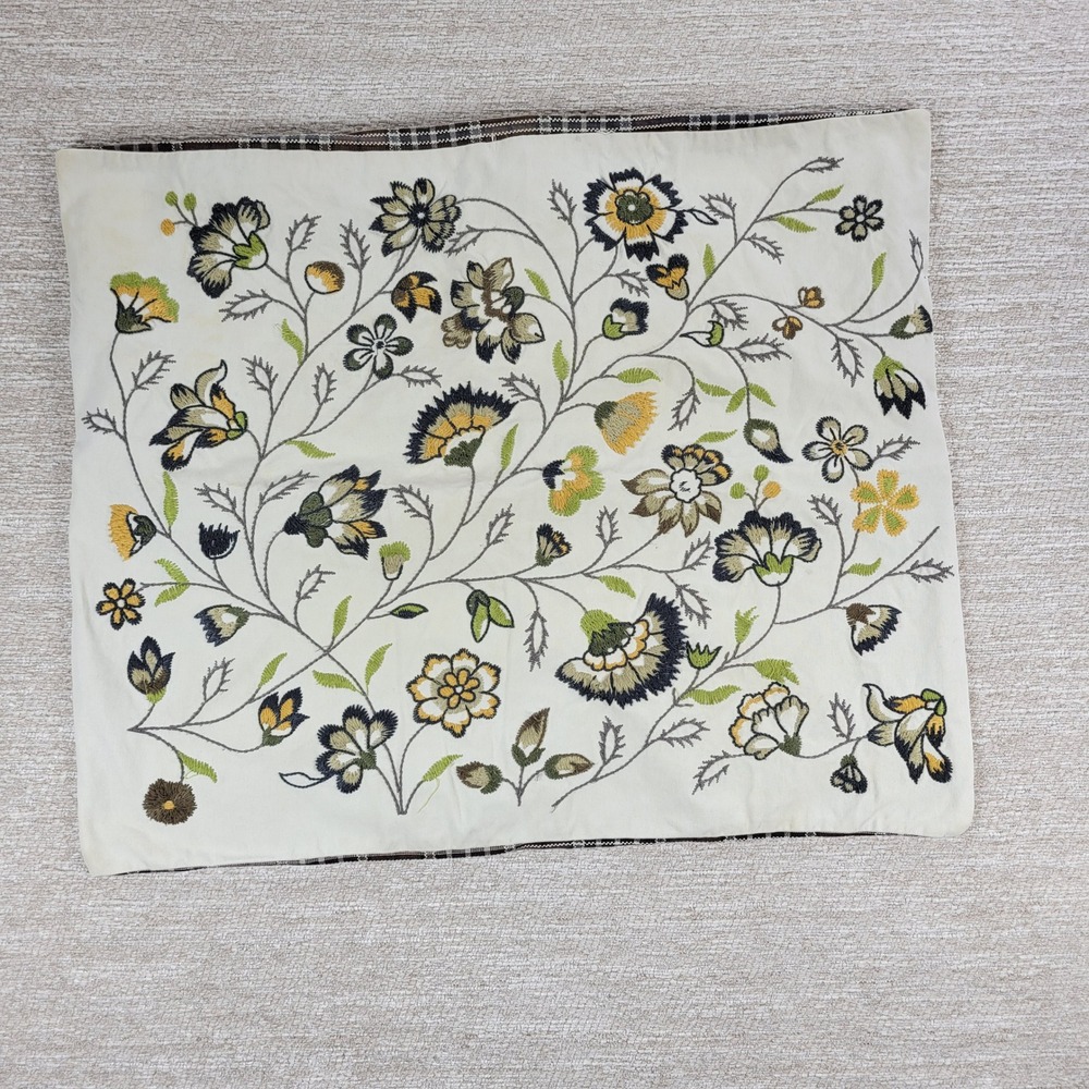 IKEA Alvine Lov Embroidered Floral Pillow Cover 20x24 Cream Cotton Plaid Back - Picture 10 of 16